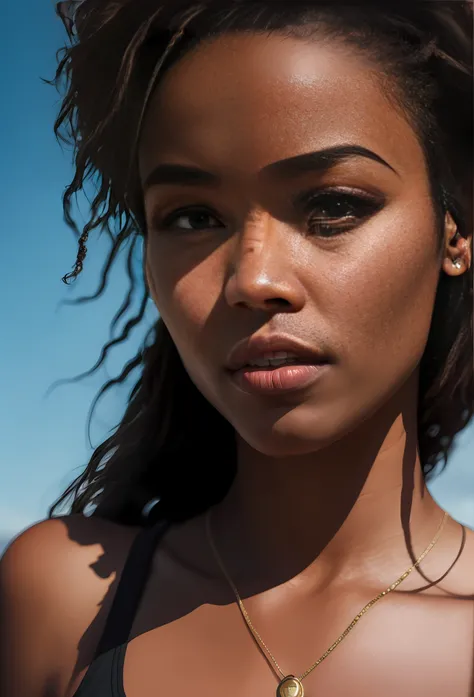 detailed black woman face looking at camera dark-brown eyes