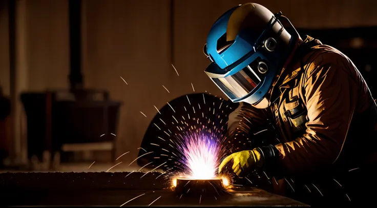 araffe welding a piece of metal with sparks in a workshop, welding torches for arms, Metais, ombro na frente pose, Asas de soldador, Fotografia de Stock, welding helmet head, metalurgia, manufacturing, Imagem de Stock, em uma oficina, Foto de Stock, foto r...