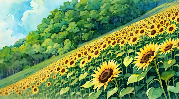 jp、sunflower field、(daytime:1.2)、((natural lighting))、clear focus、(long shot:1.1)、(watercolor)、(summer:1.2)、studio ghibli