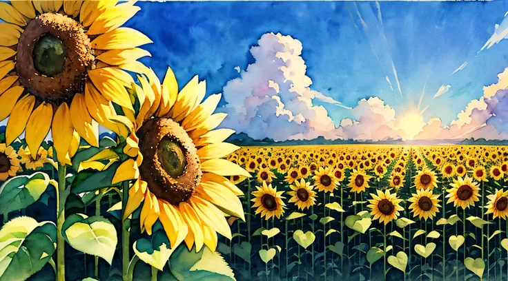 jp、sunflower field、(daytime:1.2)、((natural lighting))、clear focus、(long shot:1.1)、(watercolor)、(summer:1.2)、studio ghibli