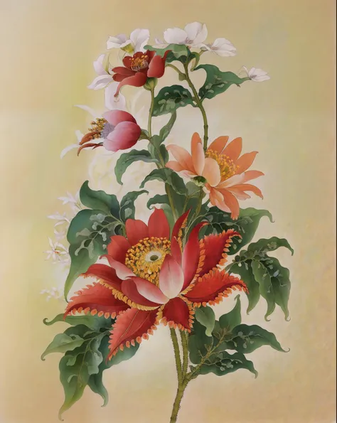 pintura de una flor rosa con hojas verdes sobre un fondo blanco, flores de kalighat, inspirado por maria sibylla merian, botanic...