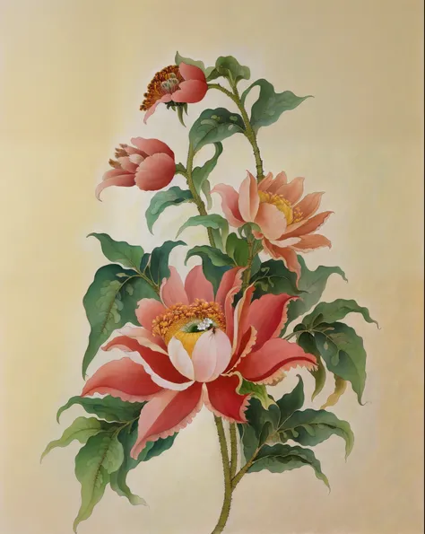 Pintura de una flor rosa con hojas verdes sobre un fondo blanco, Flores de Kalighat, inspirado por Maria Sibylla Merian, botanical artwork, colored pencil art on paper, Pintura tradicional, inspirado por Marianne North, Flores con detalles intrincados, bot...