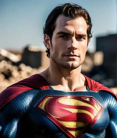 photo of henry cavill is superman , superhero, upper body,cinematic, movie, grain movie (2023s)1boy, building destroyed , realis...