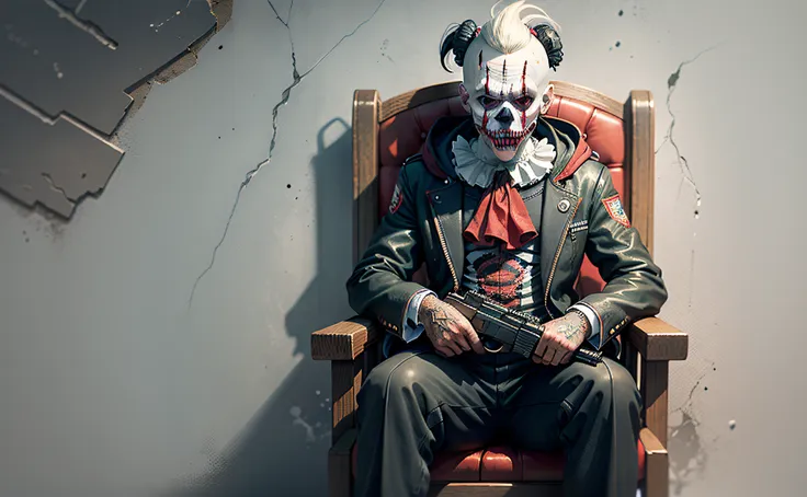 logo, horror clown art logo, the clown is holding an ak-47 in his hands, they are sitting in a chair and in the background a wal...