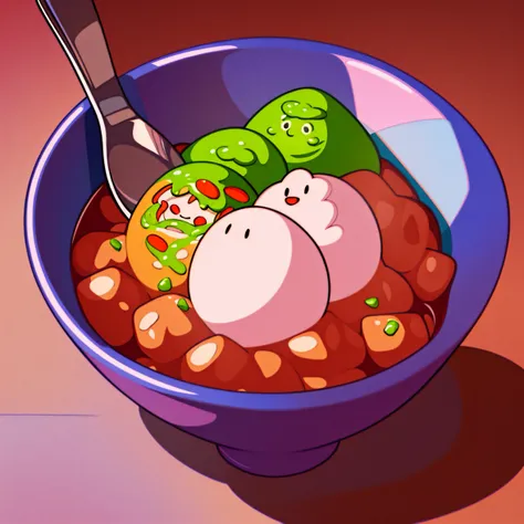 A cartoon of a bowl of food,Spoon and spoon sticking out, mapo tofu cartoon, negao, daopao, doomy, oozing, Digital illustration, (Snow), inspired by Doug Ohlson, drooling goo, Inspired by Tadanori Yokoo, Official artwork, wallpaper - 1 0 2 4, full-colour i...