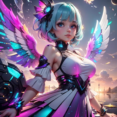 masterpiece, {beauty},solo,1 girl, pink dress, fantastic hair, neon background white wings, cloud background, lake blue hair