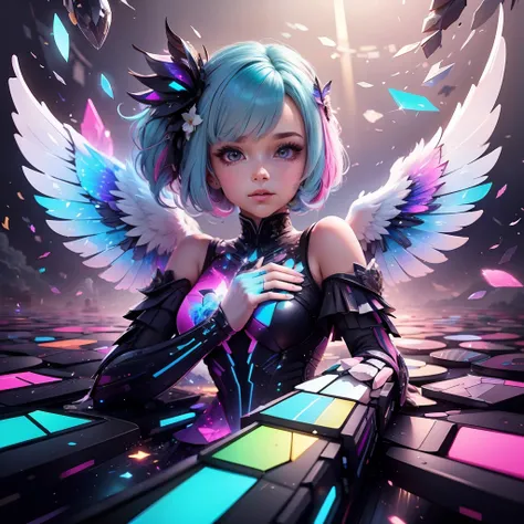 Masterpiece, {beauty},solo,1 girl, pink dress, fantastic hair, neon background white wings, cloud background, lake blue hair