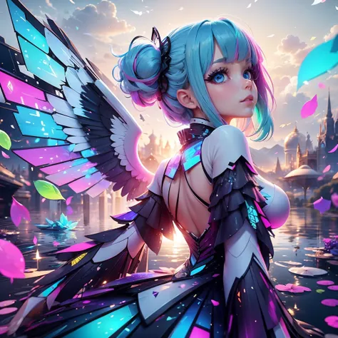 Masterpiece, {beauty},solo,1 girl, pink dress, fantastic hair, neon background white wings, cloud background, lake blue hair