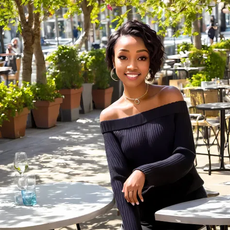 pleasing eyes, (relaxing mouth:1.2), (smiling mouth:0.1), looking straight, a 25 year old (black:1.2) woman, short salon hair, wearing an off-shoulder sweater, closeup portrait, in a outdoor cafe in 2015, afternoon light, miss usa