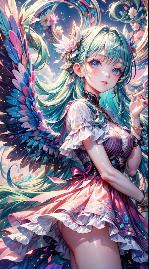 masterpiece, {beauty},solo,1 girl, pink dress, fantastic hair, neon background white wings, cloud background, lake blue hair