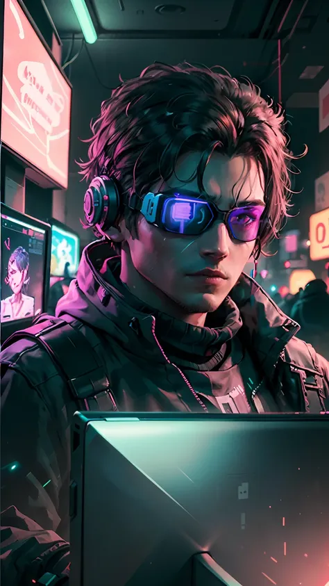 ((best quality)), ((masterpiece)), (highly detailed: 1.3), 3d, neonnoir, cyberpunk man, (using the head mounted display that is ...