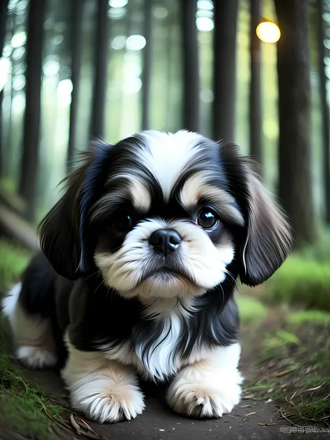 foto em close de um cachorrinho shih tzu, totalmente da cor preta, pulando muito fofo na floresta, soft volumetric lights (retro...