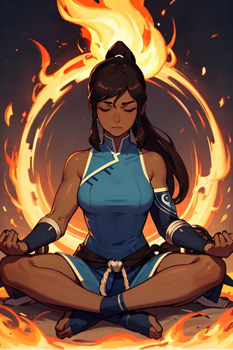 masterpiece, best quality, 1girl, korra, casting circe of fire arround her, solo, dark skin, blue eyes, brown hair, dark-skinned...