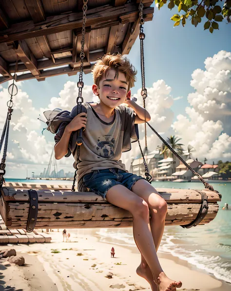 happy boy sitting on a swing on a beach, having a good time, swing on a tree, having a great time, family friendly, album photo, subtle detailing, light clothes, barefoot, dark blonde boy, legs crossed, holding himself in the string, (thin hairless legs), ...