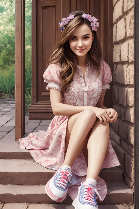 gorgeous, young maria lopukhina, with emotional eyes and wet hair, in a wet light summer dress, a khokhloma style dress, smiling...