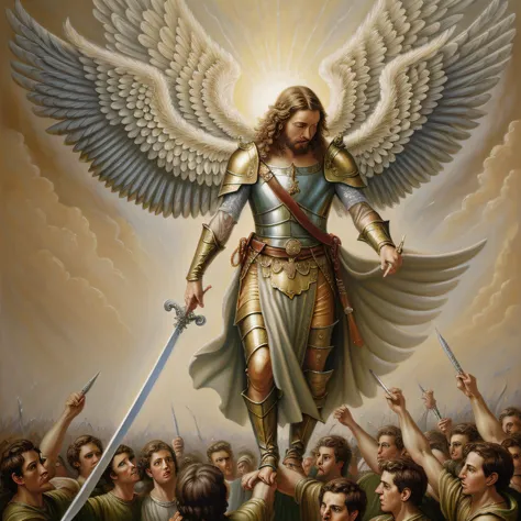 angel michael leading the angels in combat, sword. oil painting