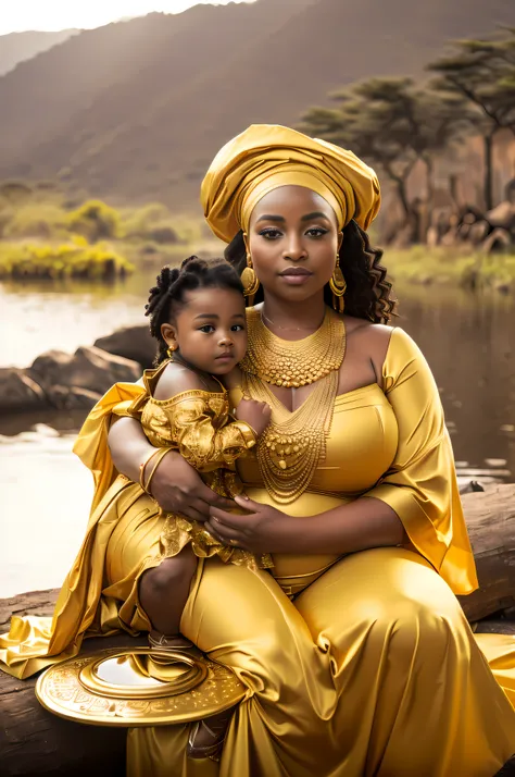 a pregnant woman in a gold dress holding a baby, princesa africanoa deslumbrante, princesa negra africanoa, rainha africanoa, pr...