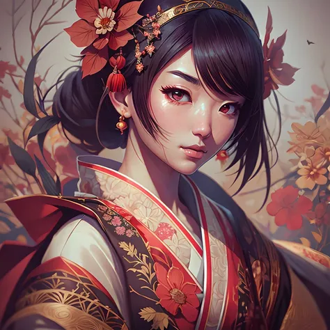 onmyoji,japanese woman, hyper-detailing, warm tones, intricate details, volumetric, art by iliya kuvshinov, a glaring eyes