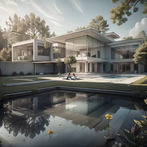 Organic modern architecture on a fairly large plot, from , there is a swimming pool in the middle of a large house of a flower, color of the house in chocolate brown and black beams, large modern residence, flat roofs and garden, render luxcore, render okt...