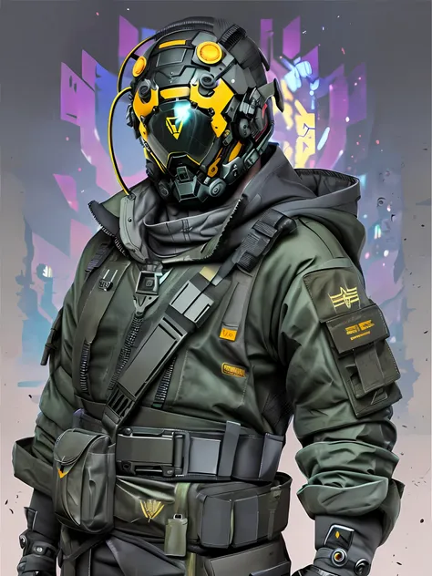 Un primer plano de una persona con una pistola y una chaqueta, Techwear Ocultista, Juguetes ThreeA, spec - ops head with mask, vestimenta: golpe, Vestido con chaleco antibalas negro, Uniforme blindado negro, brazos roboticos, cyborg, agressive, minimalisto...