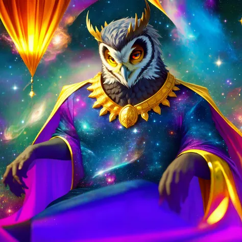 humanoid black horned owl, male, purple eyes, long eyebrows, black skinny hands, loose clothes, galaxy clothes, long collars, ga...