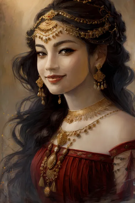face portrait 1 Persian princess gypsy, smile, golden royal clothing ,off the shoulder, heavy makeups , jewelries,
impressionism, abstract, (oil painting , dry brushstrokes), negative space, 8k