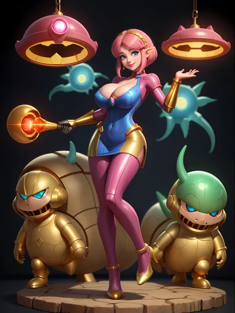 ((full body):1.5), {((Princess Zelda only))}, {((wearing black hair with gold metallic parts)), (((she has very short pink hair, blue eyes))), ((has extremely gigantic breasts)), is looking at the viewer, smiling, ((doing erotic poses)), ((alien spaceship,...