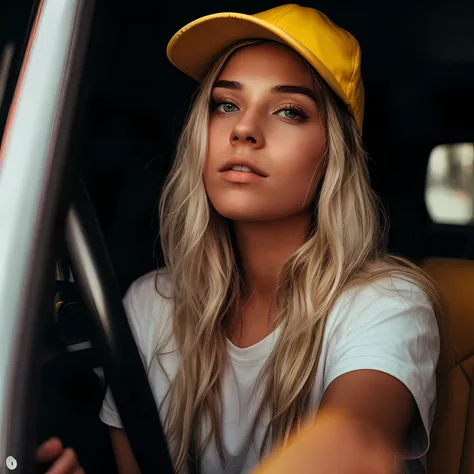 blonde woman with blue eyes in a yellow hat driving a car, mulher loira, yellow cap, sentada em seu carro, fotografia editorial,...