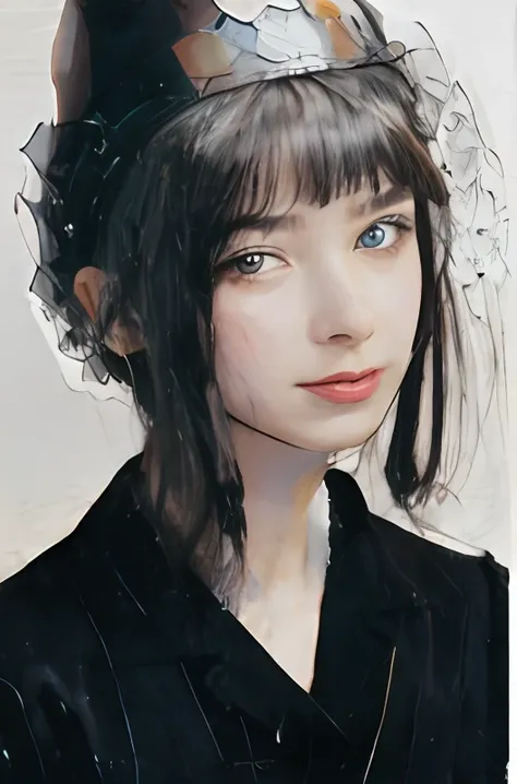 Realistic portrait photography、Painting of a young woman wearing a tubular black hat on her head, Realistic photo of woman with blue clear eyes Portrait of half body, beste-Qualit, realisitic, a photorealistic, beste-Qualit, шедевр, extremely delicate an...