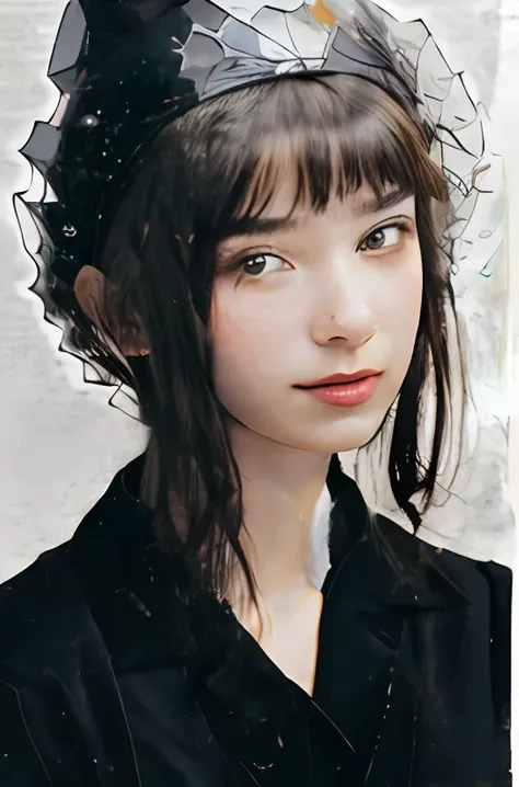 Realistic portrait photography、Painting of a young woman wearing a tubular black hat on her head, Realistic photo of woman with blue clear eyes Portrait of half body, beste-Qualit, realisitic, a photorealistic, beste-Qualit, шедевр, extremely delicate an...
