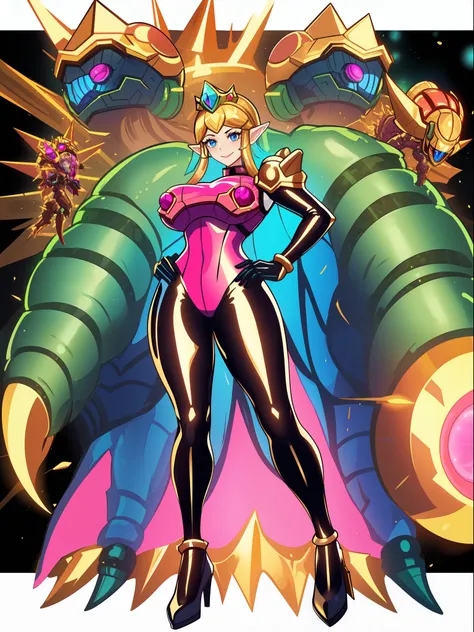 ((full body):1.5), {((Princess Zelda only))}, {((wearing black hair with gold metallic parts)), (((she has very short pink hair, blue eyes))), ((has extremely gigantic breasts)), is looking at the viewer, smiling, ((doing erotic poses)), ((alien spaceship,...