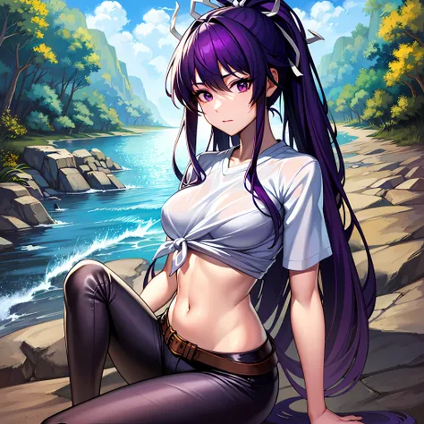 a masterpiece of、beste-Qualit、Hi-Res、女の子1人、独奏、Asymmetrical clothing、a navel、Purple Eye、extra very long hair、Tied shirt、abdominals、Hair ribbon、Single Pants Leg、White shirt、poneyTail、Black-haired、hugetits、JINS、White ribbon, Tea belt, Purple Hair, Asymmetrica...