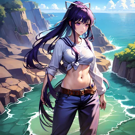 a masterpiece of、beste-Qualit、Hi-Res、女の子1人、独奏、Asymmetrical clothing、a navel、Purple Eye、extra very long hair、Tied shirt、abdominals、Hair ribbon、Single Pants Leg、White shirt、poneyTail、Black-haired、hugetits、JINS、White ribbon, Tea belt, Purple Hair, Asymmetrica...