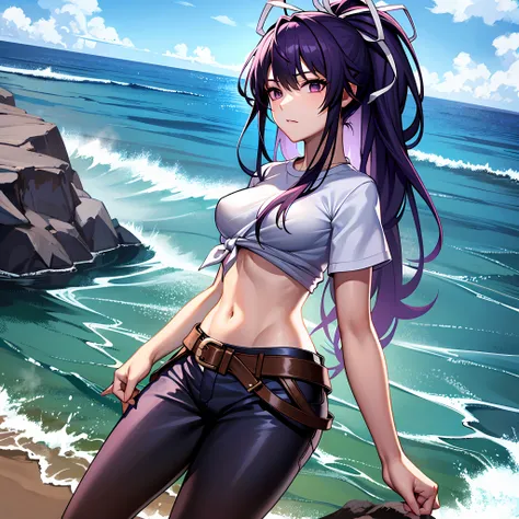 a masterpiece of、beste-Qualit、Hi-Res、女の子1人、独奏、Asymmetrical clothing、a navel、Purple Eye、extra very long hair、Tied shirt、abdominals、Hair ribbon、Single Pants Leg、White shirt、poneyTail、Black-haired、hugetits、JINS、White ribbon, Tea belt, Purple Hair, Asymmetrica...