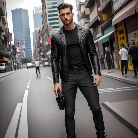 ((Homem)) in a stripped down jacket and black pants walking down a street, vestindo uma jaqueta de couro marrom, roupa de moda moderna, homem andando pela cidade, attractive and good looking, vestindo uma jaqueta de couro marroml, usando roupas casuais, ve...