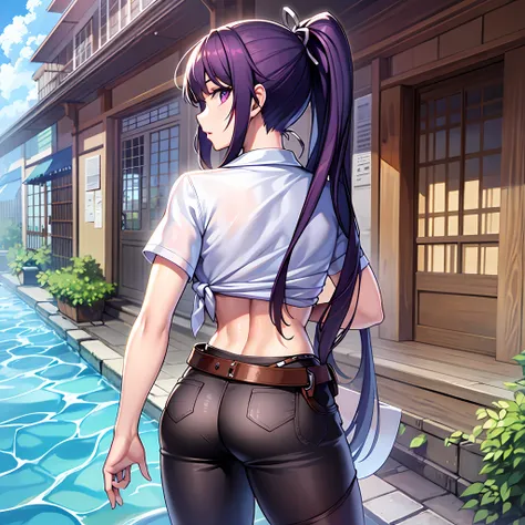 a masterpiece of、beste-Qualit、Hi-Res、kaori1、女の子1人、独奏、Scabbarded、Asymmetrical clothing、navel、Purple Eye、extra very long hair、Tied shirt、abdominals、Hair ribbon、Single Pants Leg、White shirt、poneyTail、black-haired、hugetits、JINS、White ribbon、brown belt、purple c...