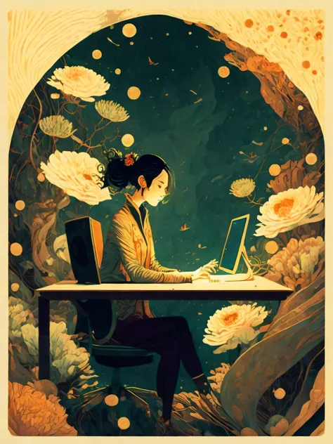 a woman sitting at a desk in front of a computer with a flowered background by victo ngai