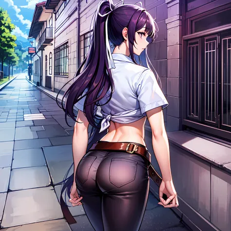 a masterpiece of、beste-Qualit、Hi-Res、kaori1、女の子1人、独奏、Scabbarded、Asymmetrical clothing、navel、Purple Eye、extra very long hair、Tied shirt、abdominals、Hair ribbon、Single Pants Leg、White shirt、poneyTail、black-haired、hugetits、JINS、White ribbon、brown belt、purple c...