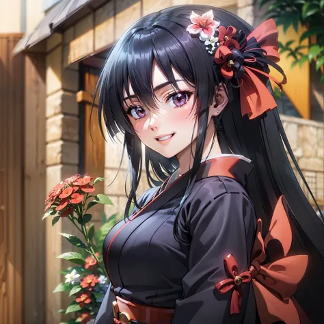 1 woman, black hair, akame, traditional wedding kimono, smiling, eyes sparkling.