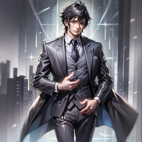 (an artwork of) a mature man with black hair, wearing a stylish suit, standing firm and tall with an elegant demeanor that catch...