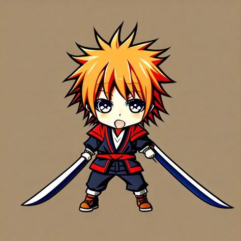 kurosaki bankai ichigo cartoon, cabelo laranja, chibi, com espada