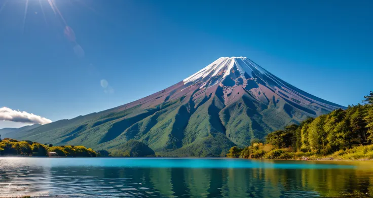 Fotos RAW do Monte. Fuji, realismo delicadamente belo, detalhe, fotorrealista, fotos ultrarrealistas, 8k UHD, DSLR, dazzling summer mountains, alta qualidade, filmic grain, Fujifilm XT3, (Masterpiece), majestoso Monte. Oyama, Mt. Fuji reflected on the surf...