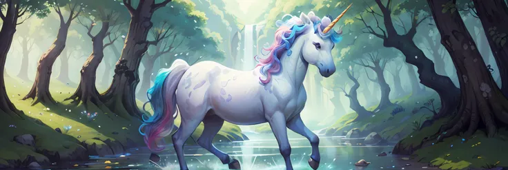 unicorn, magical and colorful world, todos felizes, ambiente de felicidade e fraternidade, floresta, montanha, rios e cachoeiras