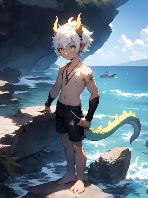 anime - style image of a young boy standing on a rock in front of the ocean, concept art by shitao, pisif, trending on artstatio...