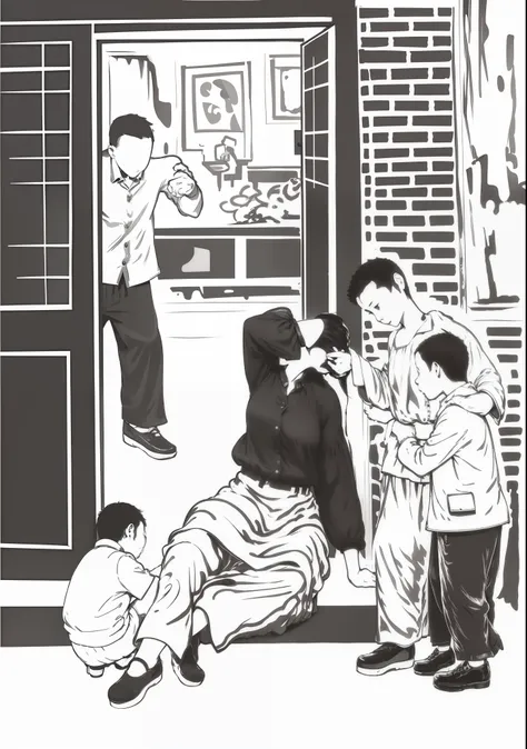 The father inside the door pointed to his mother sitting on the threshold,The child on the left crouches at his mothers feet and plays,The older child on the right is supporting his younger brother,While comforting his mother
