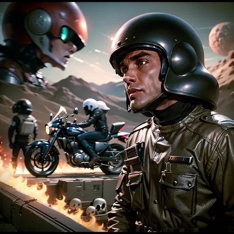 - retrofuturism style, skulls of outer space tv series style and warfare🏍👽🤖👾70