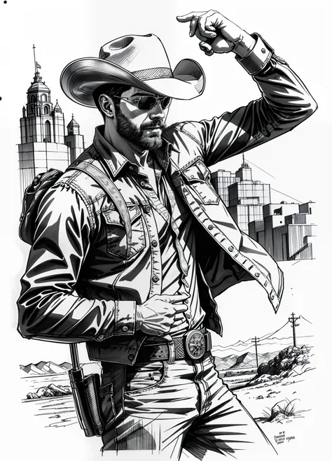 desenho de um cowboy, pistola no coldre, estilo western, paisagem, sketch artstyle, escala de cinza, monocromatic