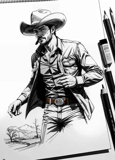 desenho de um cowboy, pistola no coldre, estilo western, paisagem, sketch artstyle, escala de cinza, monocromatic