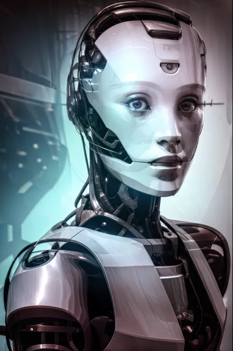 modelshot style, a portrait of woman, robot. all metal and looking forward