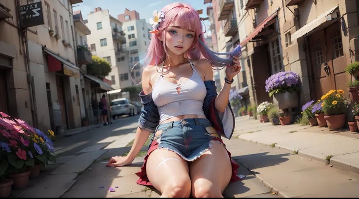 lolicon， fullllbody， heterochromia， o cabelo multicolorido， gradient hair， denim skirt，exposed bare shoulders， hair flower，refre...